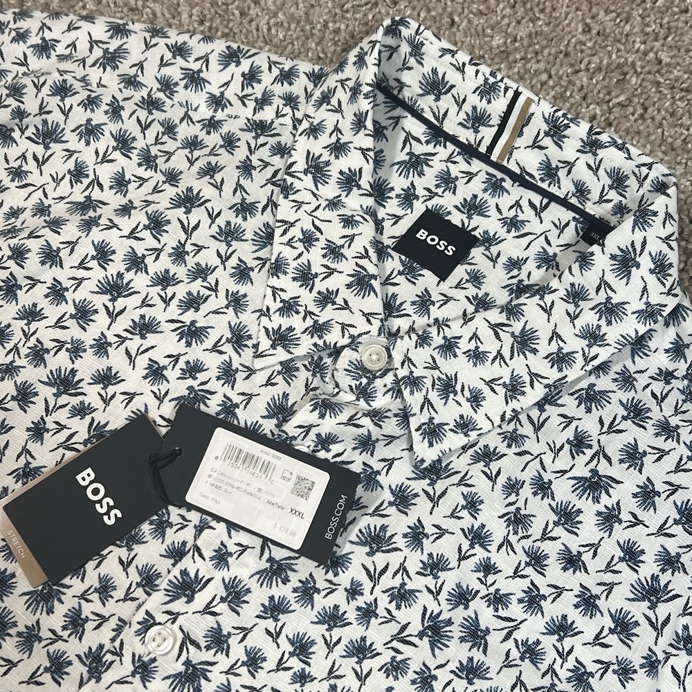 Boss Hugo Boss Roan Linen Blend SS Button Up Shirt 3XL Blue White Floral Stretch
